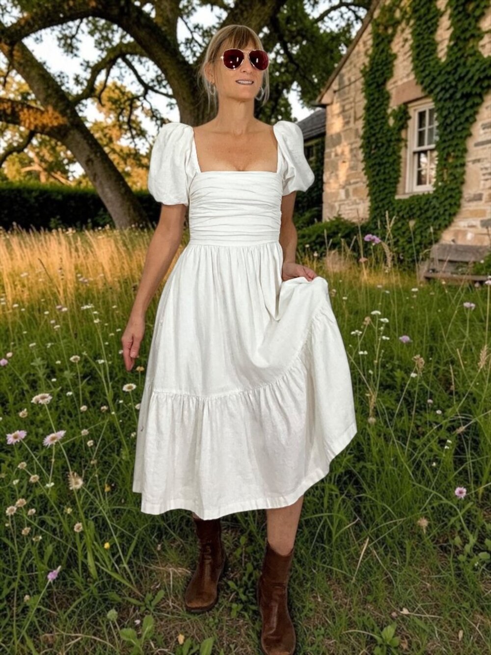 Abercrombie and Fitch Emerson Linen Puff Sleeve Midi Dress XXSP Petite White